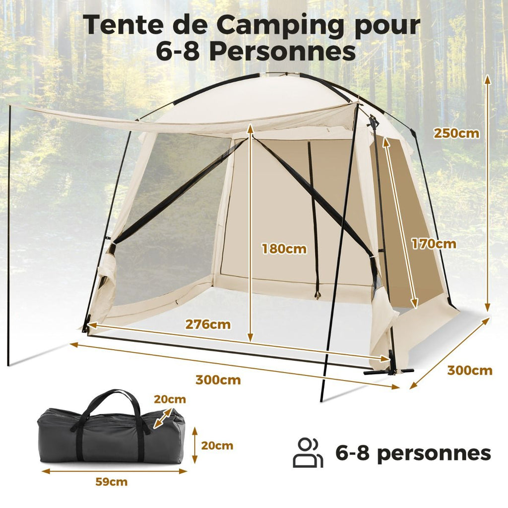 Tente de Camping pour 8-10 Personnes Tente D么me avec Vestibule et Moustiquaire Porte Zippe Tente Portable avec Sac de Transport 300x300x250cm Beige -