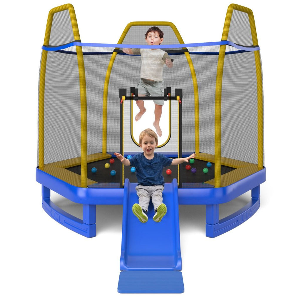 Trampoline Extérieur Ø 223cm avec Toboggan&Echelle avec Filet de Sécurité 2 Portes en U Charge 270kg pour 2-3 Enfants de 3 Ans+ Bleu/Vert -