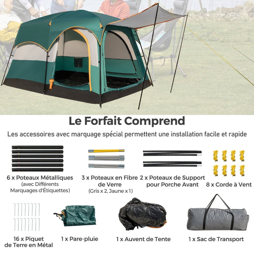 Tente de Camping pour 6 Personnes avec 2 Pièces Tente Double Couchage Double Toit Bâche en Pe Fenêtres en Maille Imperméable avec Sac de Transport Vert -