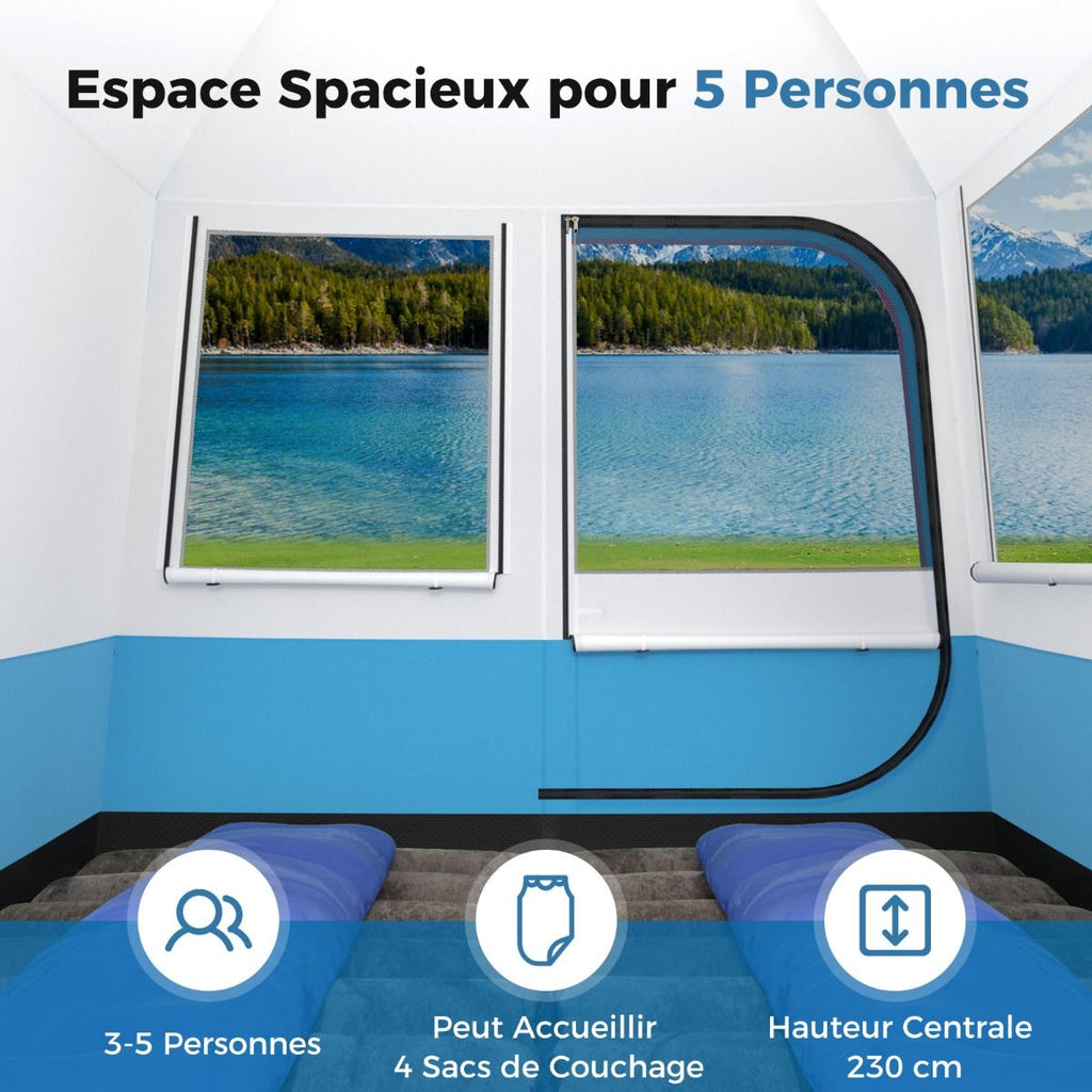 Tente de Camping pour 5 Personnes Tente D么me tanche avec Porte et Fen锚tres en Maille Sac de Transport 248x248x230cm Bleu + Blanc -