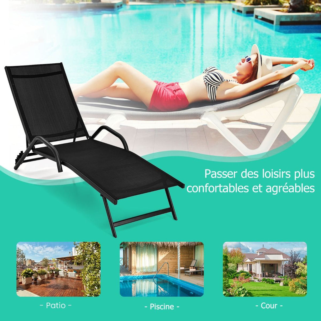 Lot de 2 Bains de Soleil Inclinables d'Extrieur avec Accoudoirs et Dossier Rglable  5 Positions Charge 160 kg Noir -