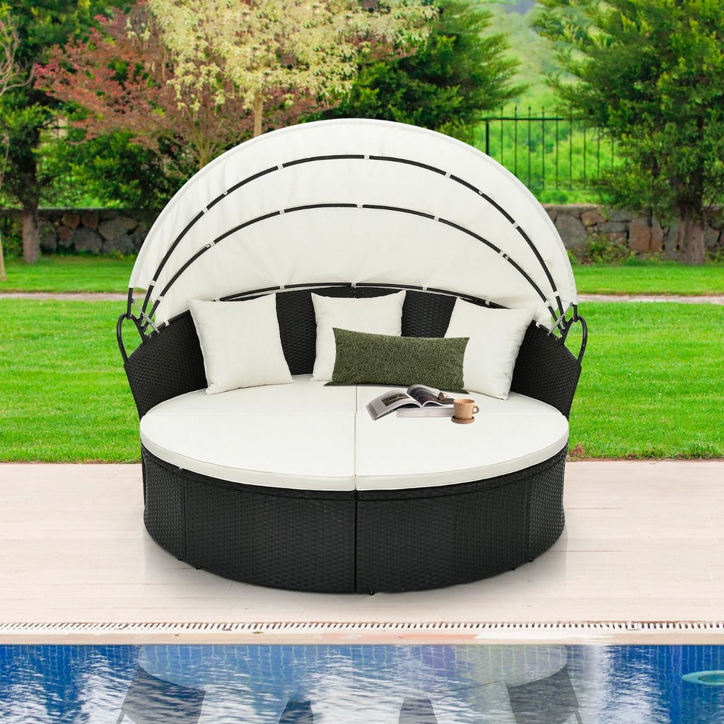 Lit Canap de Jardin Rond en Rotin PE Auvent Rtractable Coussins et Oreillers Amovibles Salon de Jardin Modulable Blanc -
