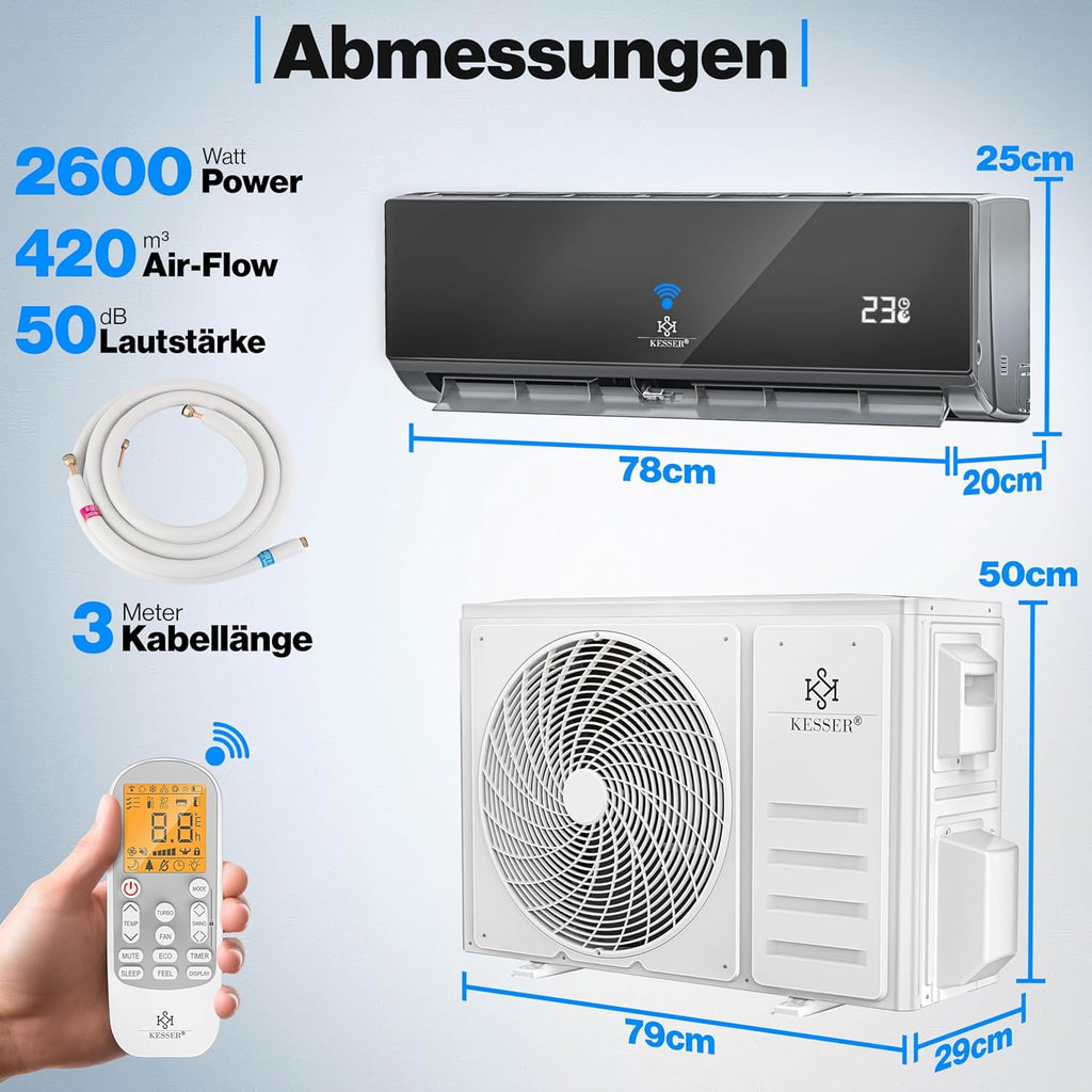 KESSER® Climatisation SET réversible - Climatiseur avec fonction WiFi/Application - Refroidissement A++/ Chauffage A+ Fluide réfrigérant R32 - Écran LCD Split 9000 BTU/h / 2600 Watt - Anthrazit