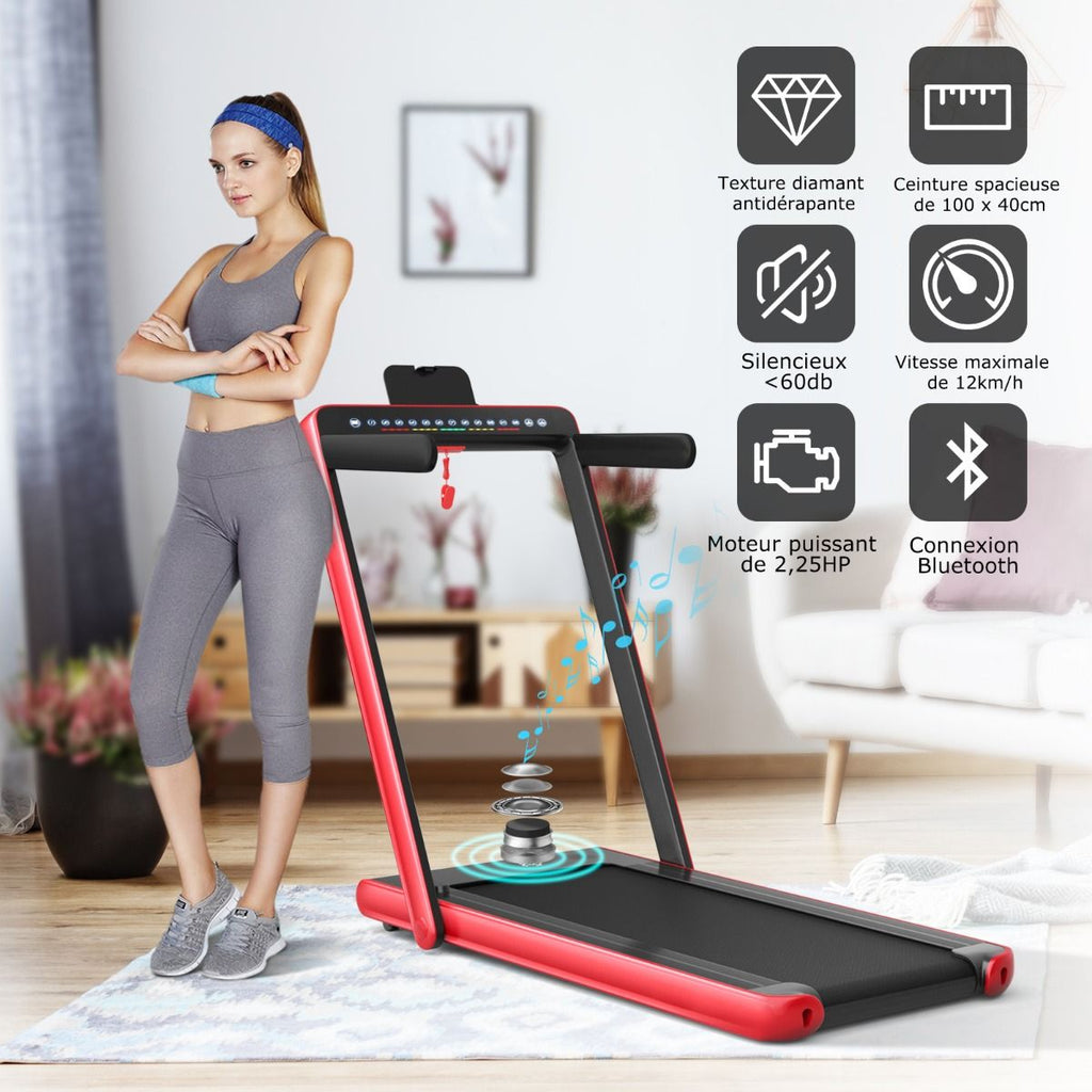 Tapis de Course Pliable 0,75HP Double Affichage LED APP et Tlcommande Vitesse Motoris 12 km/h Surface 40x100cm Rouge -