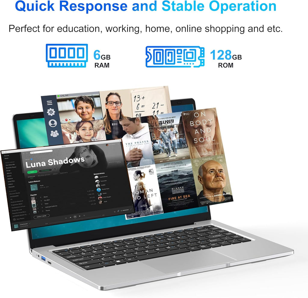 Ordinateur Portable 14 1" Pouces laptop 6 Go de RAM 128 Go de SSD N4000 Celeron Dual-Core Wi-Fi Bluetooth 2 4/5 0G 1366 * 768 IPS Design sans Ventilateur Inclus une Souris Clavier à Membrane.