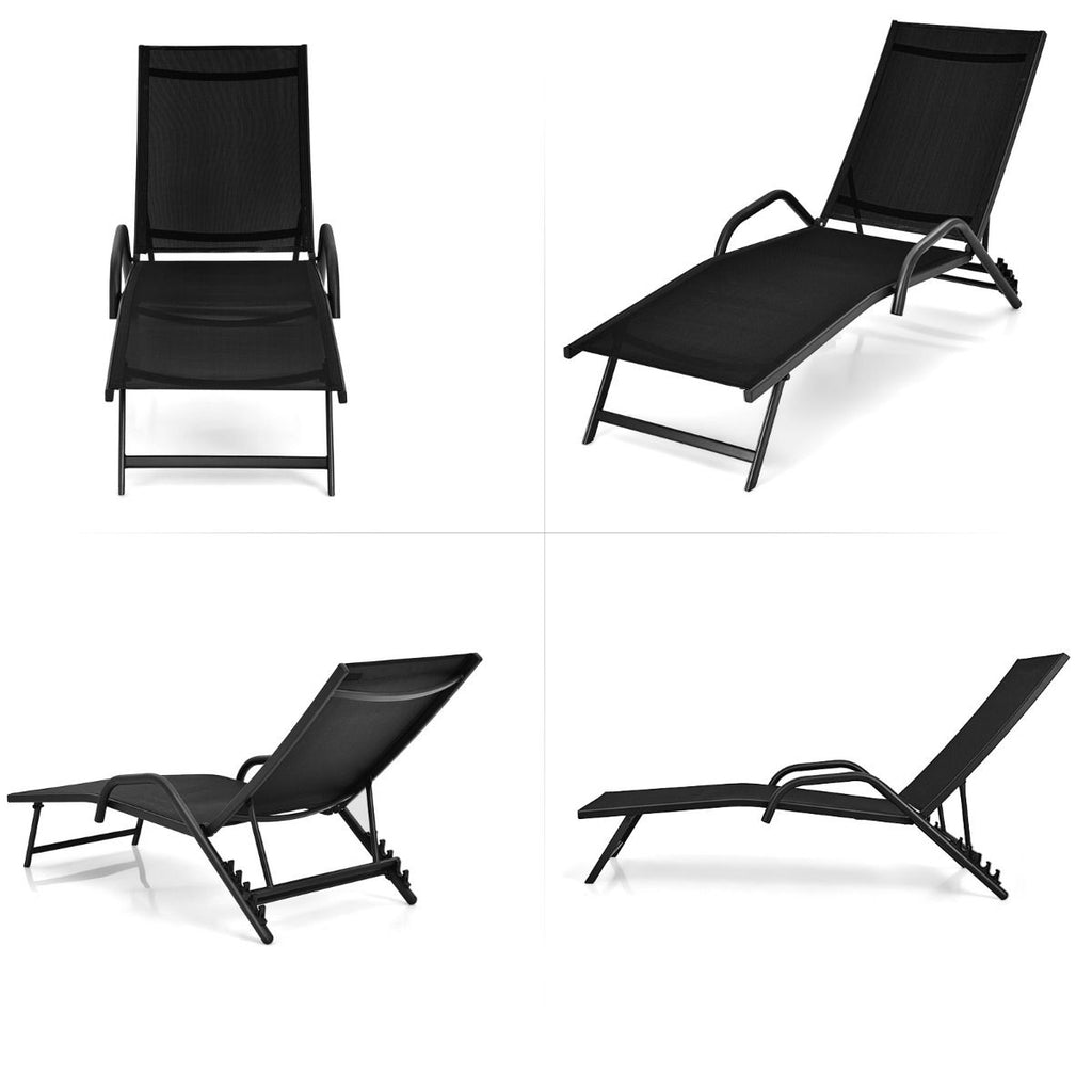 Lot de 2 Bains de Soleil Inclinables d'Extrieur avec Accoudoirs et Dossier Rglable  5 Positions Charge 160 kg Noir -