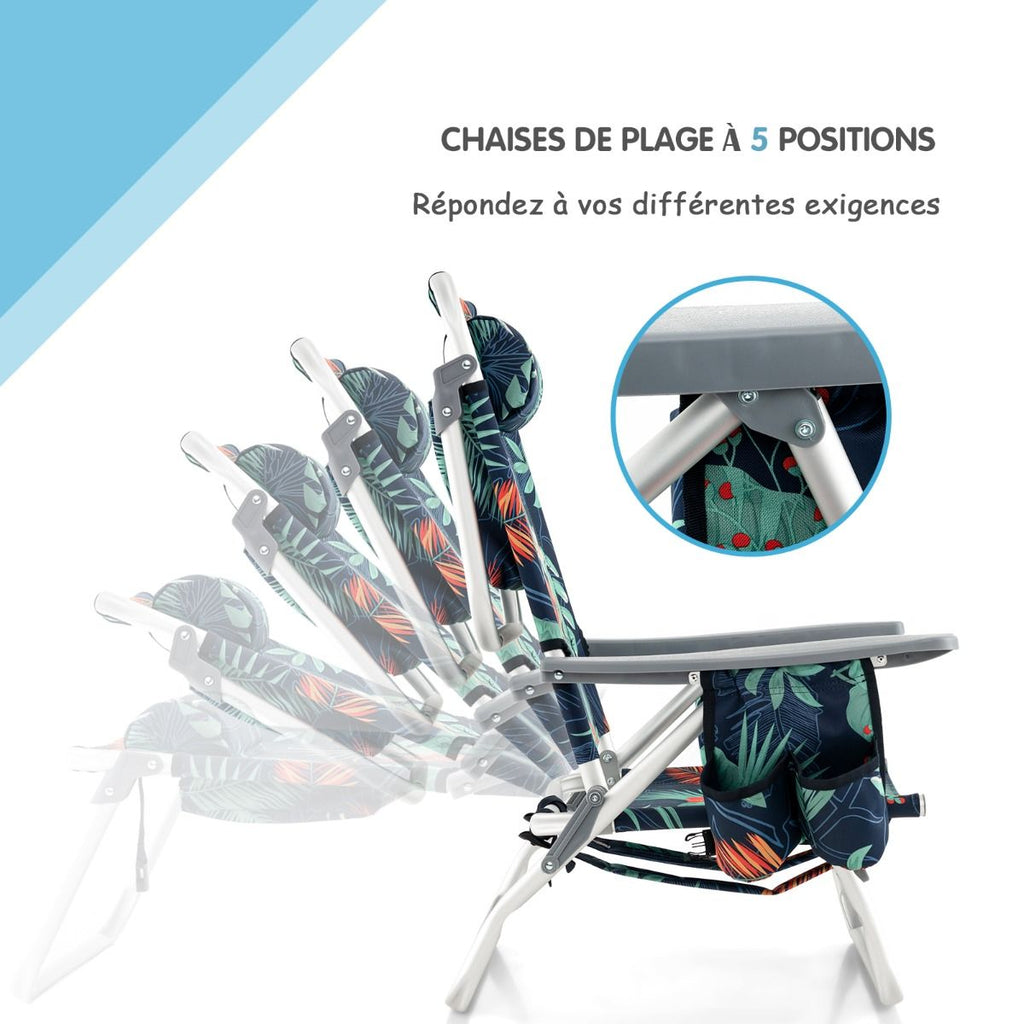 Lot de 2 Chaises de Camping Plage Pliante Table Enroulable en Aluminium Appui-tête Dossier Réglable à 5 Positions 6 Couleurs au Choix -