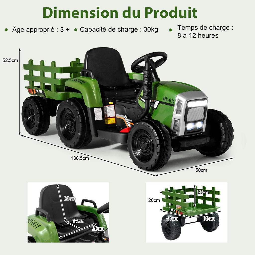 Tracteur Electrique avec Remorque pour Enfants 3 Vitesses Lumières LED Fonctions o USB et Bluetooth Jaune/Rose/Rouge/Vert/Vert Foncé/Noir -
