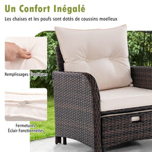 Load image into Gallery viewer, Meubles de Patio 5 Pices Ensemble de Canap d'Extrieur en Rotin avec 2 Chaises 2 Poufs et 1 Table Basse Coussins Doux Plateau en Verre Tremp Beige -