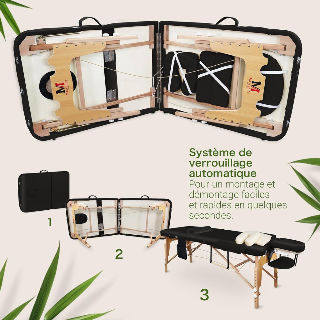 MASSUNDA All INKL Chaise de Massage Pliante et réglable en Hauteur – Table de Massage Mobile en Bois Massif avec Housse en éponge, accoudoirs et dossiers, appuie-tête Ergonomique (Noir)