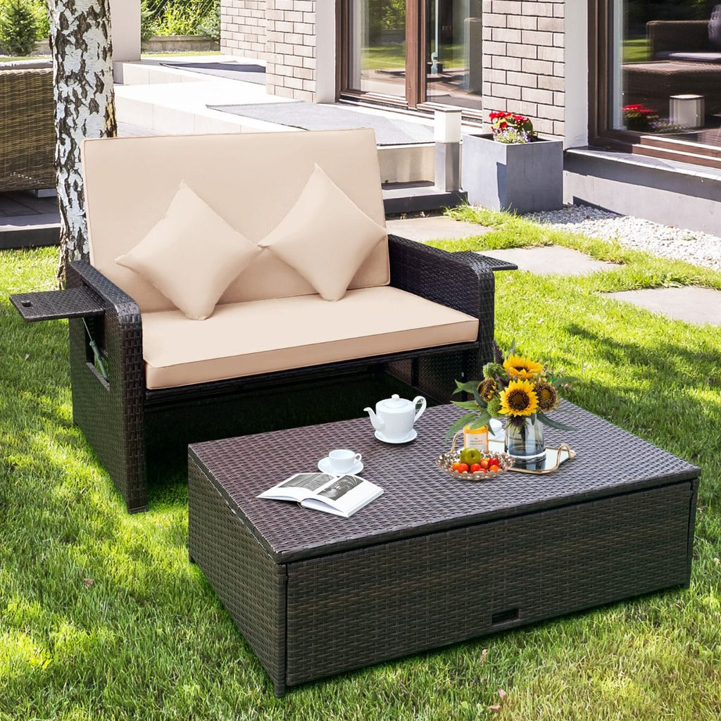 Salon de Jardin Extrieur Ajustable  Lit,2 Place avec Stockage Cach,Dossier Rglable  4 Niveaux en Rotin PE -