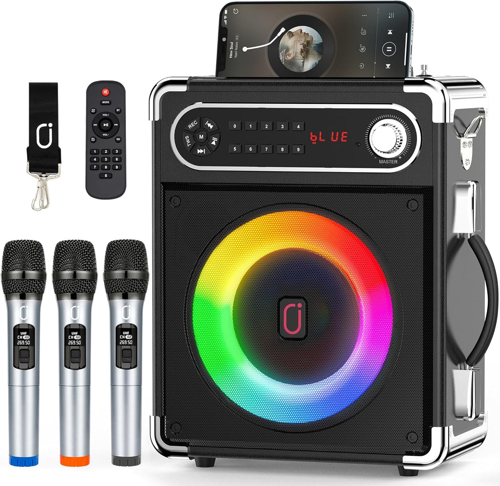 JYX Machine de Karaoké, avec 3 Microphones sans Fil et lumières DJ, Bluetooth Speaker pour Les réunions de Famille/Le Camping en Plein air/la fête sur la Plage