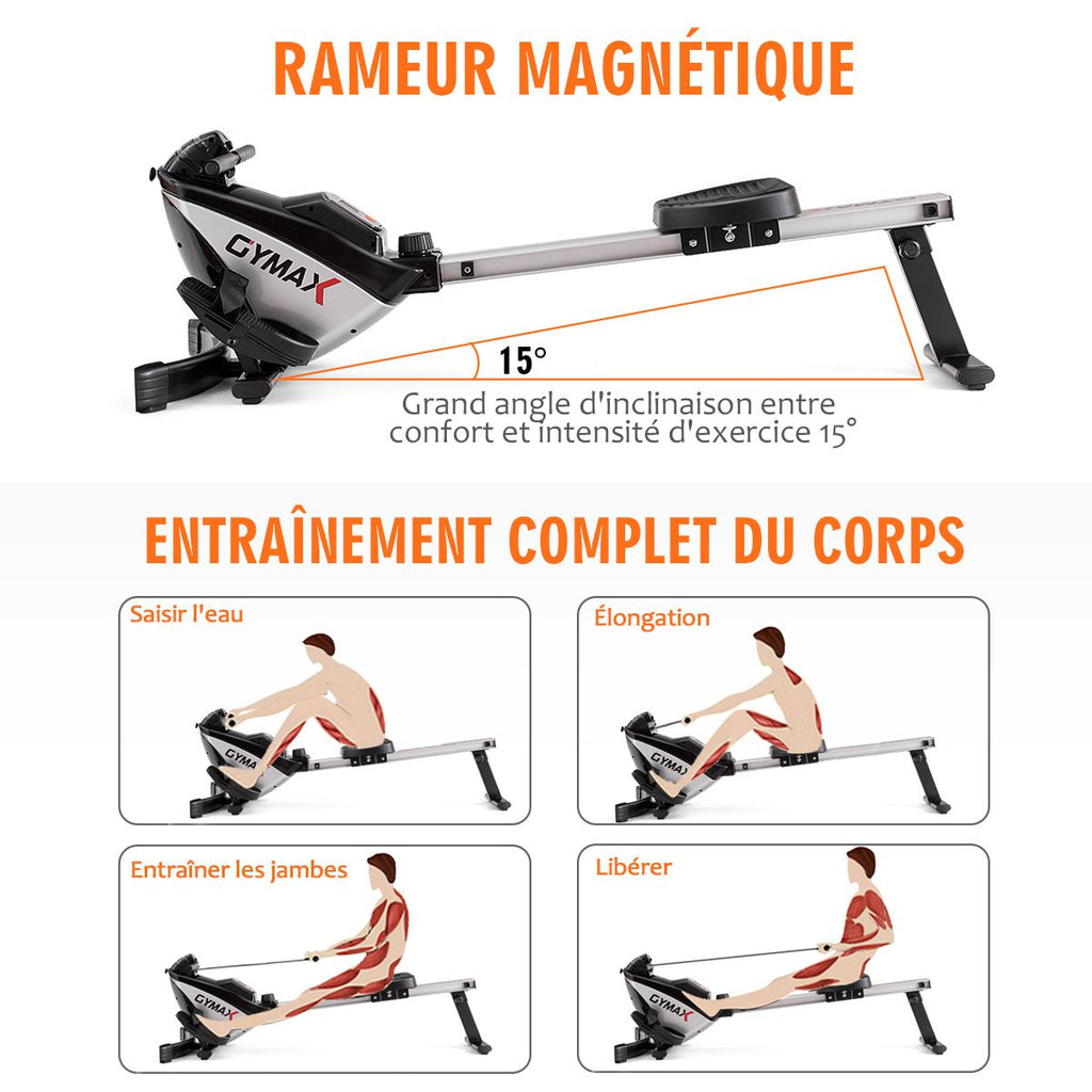 Rameur Magnétique Pliable 8 Niveaux de Résistance Écran LCD Numérique Poids Supporté de 100 KG pour Maison et Bureau -