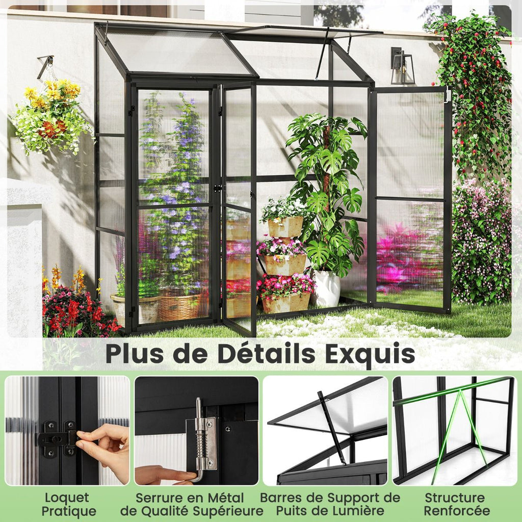Serre de Jardin Extérieure en Aluminium Serre Mini Walk-in avec Lucarne et 3 Portes Fermables Plaques PC Résistantes au Soleil Noir -