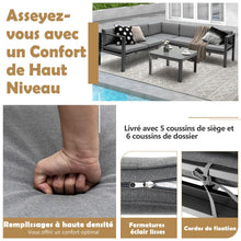 Load image into Gallery viewer, Salon de Jardin Extérieur avec Table Basse en Verre Trempé Canapéavec Dossier Inclinable à 6 Niveaux Coussins Inclus Gris -