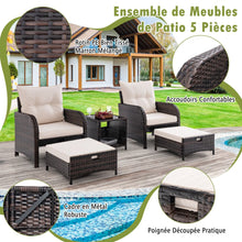 Load image into Gallery viewer, Meubles de Patio 5 Pices Ensemble de Canap d'Extrieur en Rotin avec 2 Chaises 2 Poufs et 1 Table Basse Coussins Doux Plateau en Verre Tremp Beige -
