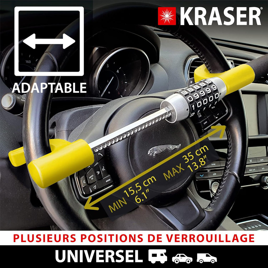 KRASER KR940B Antivol Voiture à Code Sécurité Maximale, Canne Jaune Plus Visible et Dissuasif, Robuste Bloque Volant avec Marteau d'Urgence, Bloc Barre Anti Vol Universel pour Auto, Camping-Car