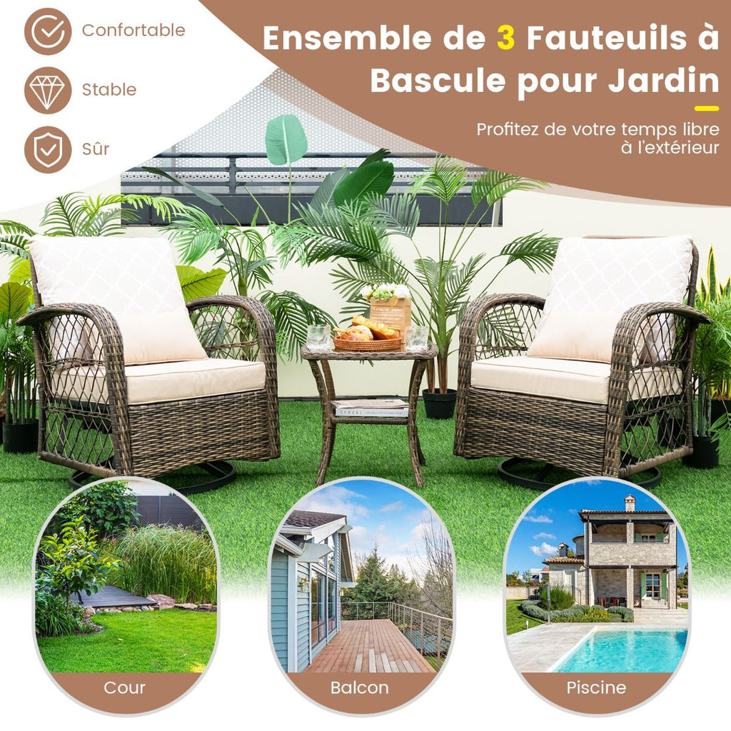 Salon de Jardin Extrieur 3PCS - 2 en Fauteuils  Bascule Pivotant  360掳Rotin PE Cadre Mtal our Terrasse Balcon -
