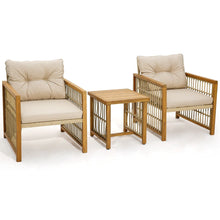 Load image into Gallery viewer, Salon de Jardin avec 1 Table et 2 Fauteuils en Bois d'Acacia et Rotin Anti-UV Pieds Réglables Coussins avec Zip Nautel -