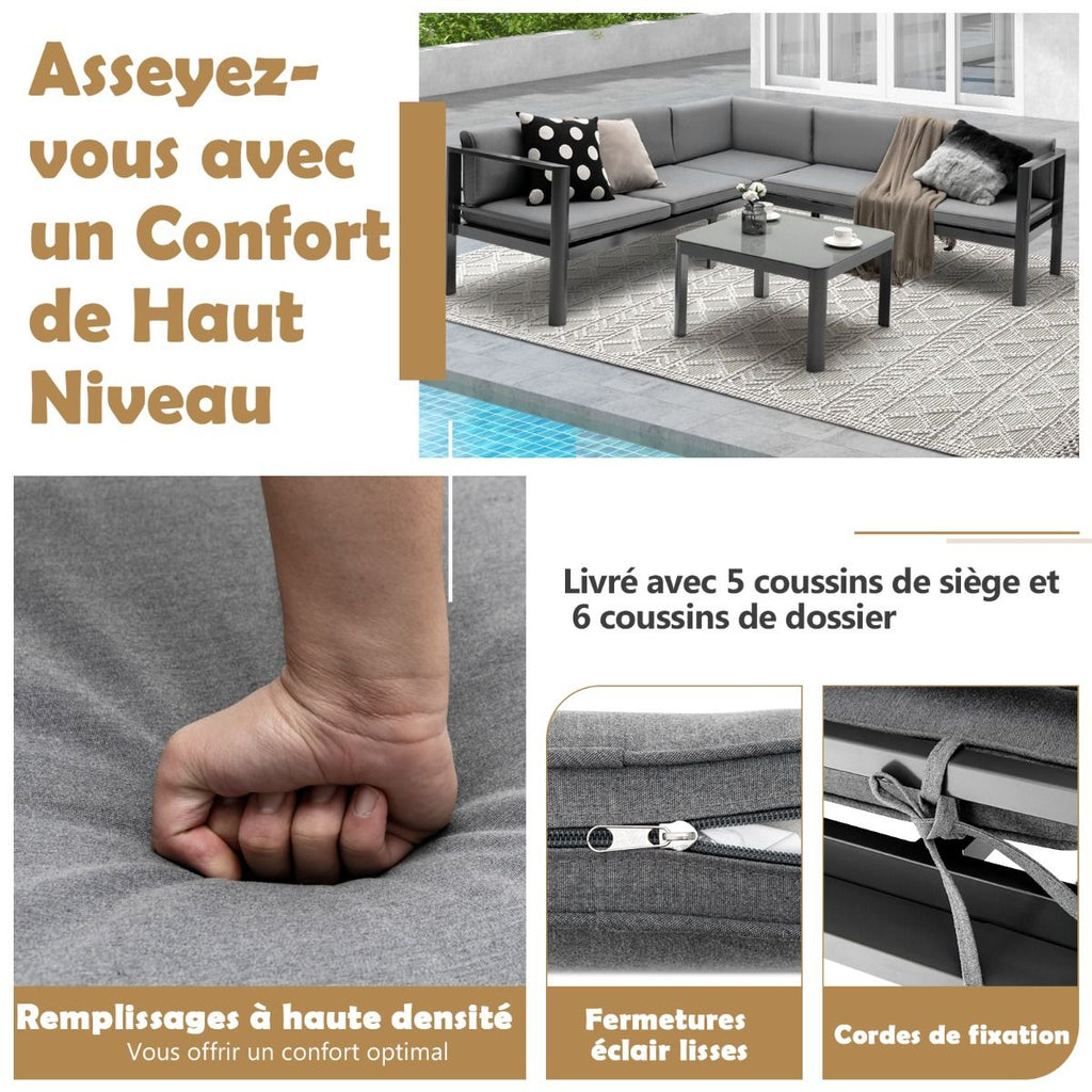 Salon de Jardin Extrieur avec Table Basse en Verre Tremp Canapavec Dossier Inclinable  6 Niveaux Coussins Inclus Gris -