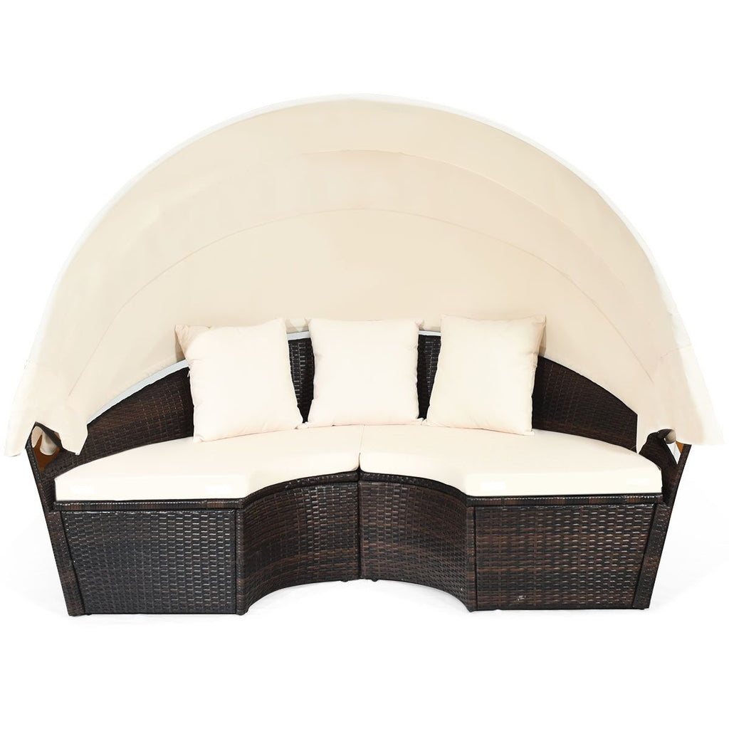 Lit de Jardin Rond d'Exterieur Table Relevable Modulable & Convertible - Pare Soleil Réglable rotin PE Coussins Inclus Beige -