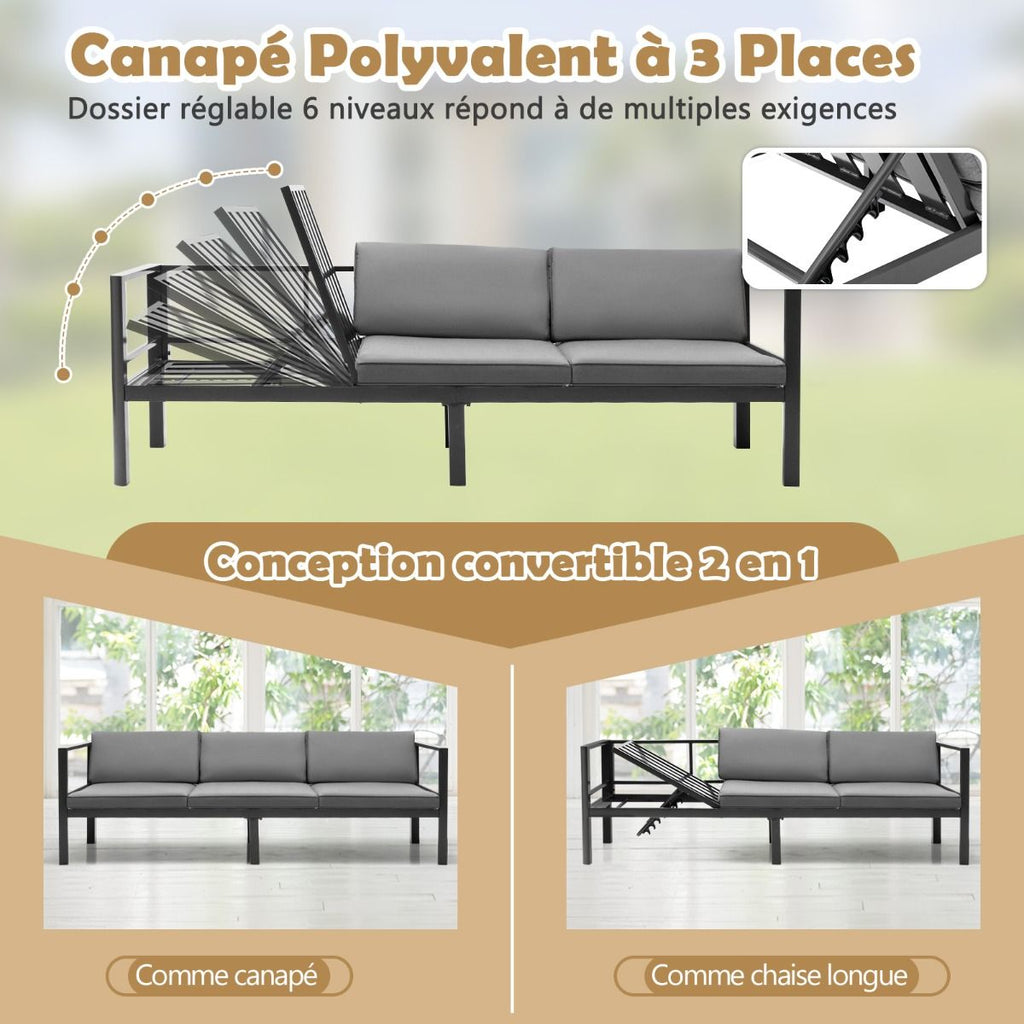 Salon de Jardin Extrieur avec Table Basse en Verre Tremp Canapavec Dossier Inclinable  6 Niveaux Coussins Inclus Gris -