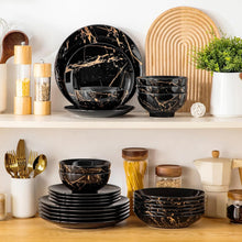Load image into Gallery viewer, LOVECASA Service de Table 6 Personnes - Collection Daphne en Grès - 24 Pièces (Assiettes Plates, Dessert, Bols Céréales, Pâtes) Design Noir &amp; Doré