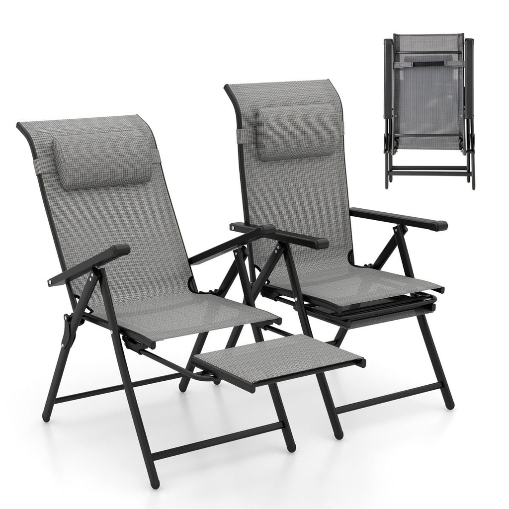 Lot de 2 Chaises Longues Pliantes et Inclinables Dossiers et Accoudoirs Réglables à 10 Niveaux Repose-Pied Rétractable Capacité 150 Kg Gris -