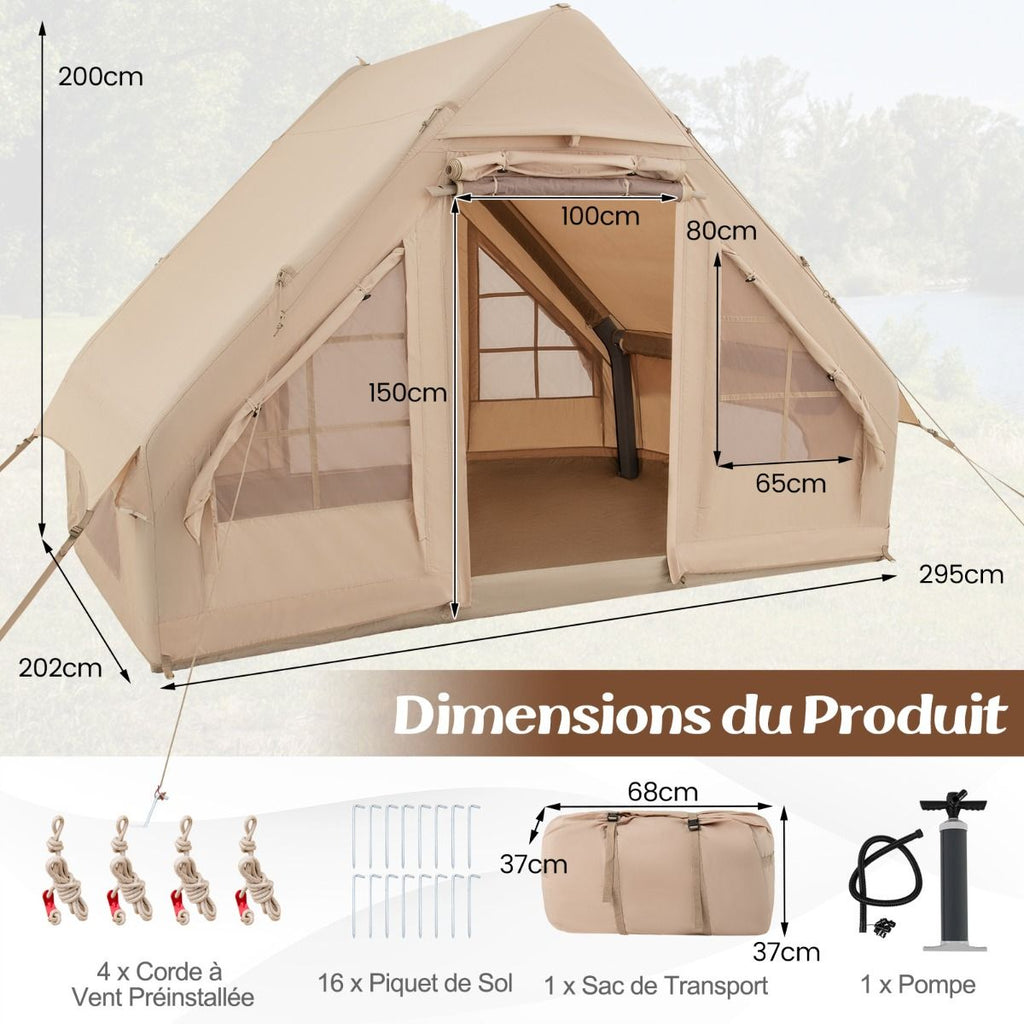 Tente de Camping Gonflable 6 m² pour 4-6 Personnes Tente en Coton Coupe-vent et Imperméable avec Pompe 7 Fenêtres à Moustiquaire Beige -