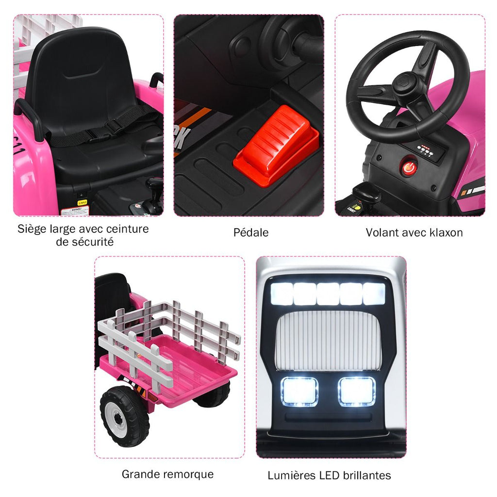 Tracteur Electrique avec Remorque pour Enfants 3 Vitesses Lumires LED Fonctions o USB et Bluetooth Jaune/Rose/Rouge/Vert/Vert Fonc/Noir -