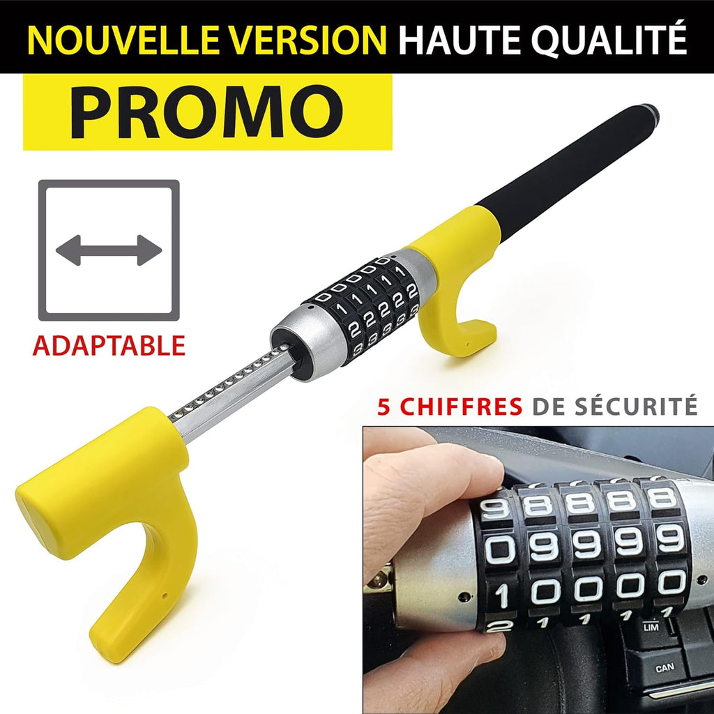 KRASER KR940B Antivol Voiture à Code Sécurité Maximale, Canne Jaune Plus Visible et Dissuasif, Robuste Bloque Volant avec Marteau d'Urgence, Bloc Barre Anti Vol Universel pour Auto, Camping-Car