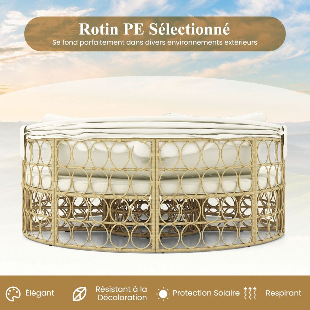 Lit de Repos Rond pour Patio avec Auvent Rétractable Ensemble de Siège Sectionnels Séparés en Rotin PE avec Coussins Doux Blanc -
