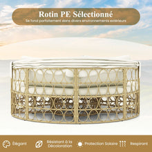 Load image into Gallery viewer, Lit de Repos Rond pour Patio avec Auvent Rétractable Ensemble de Siège Sectionnels Séparés en Rotin PE avec Coussins Doux Blanc -