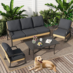 AECOJOY Outdoor Patio Furniture Set with Rocking Chair, 4 Piece Rattan Conversation Bistro Set with Coffee Table, Gray
