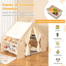 Load image into Gallery viewer, Tente de Jeu d'Intérieur en Bois pour Enfants 6 en 1 Tableau Noir Table Chaise 6 Bacs de Rangement Coussin de Sol Maison de Jeu pour 2-6 ans Beige -