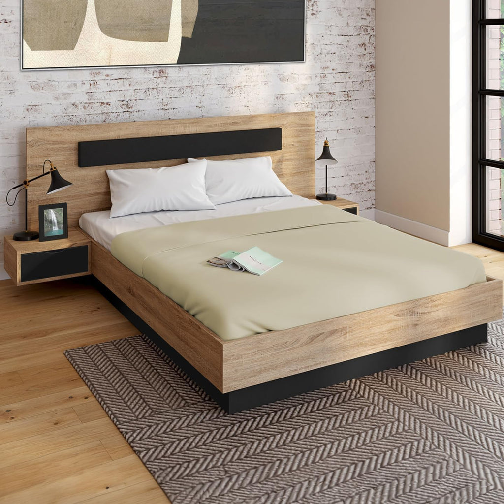 IDMarket - Lit Coffre Santa avec Tables de chevets intégrées et sommier 140x190cm Couleur Bois et Noir