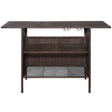 Load image into Gallery viewer, Table de Bar de Jardin en Résine Tressée avec 2 Etagères de Rangement 2 de Rails pour Porte-Verres Marron -