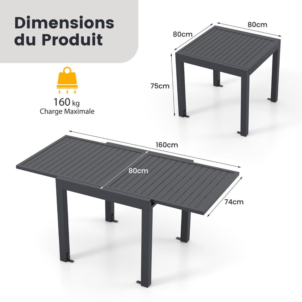 Table de Jardin Extensible en Aluminium Ajustable de 80 à 160 CM Table à Manger Extérieure Plateau à Lattes pour 4-6 Personnes Gris Foncé -