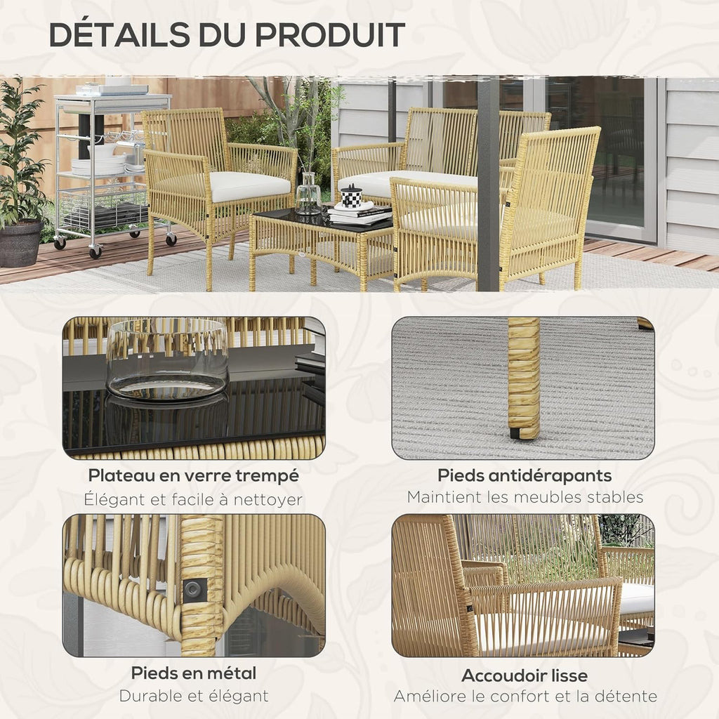 Outsunny Salon de Jardin extérieur 4 pièces canapé 2 Places + 2 fauteuils + 1 Table Basse Plateau Verre trempé Noir 3 Coussins d'assise - métal et résine tressée - Beige