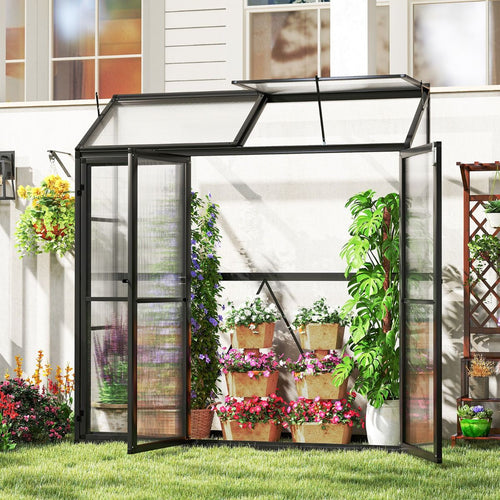 Serre de Jardin Extérieure en Aluminium Serre Mini Walk-in avec Lucarne et 3 Portes Fermables Plaques PC Résistantes au Soleil Noir -