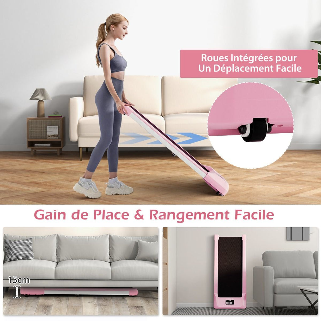 Tapis de Course Mince Tapis de Jogging avec Capacit de 120 Kg Tlcommande et cran Led Inclinable  Roulettes Tapis de Course  Glisser Gris/Noir/Rose -