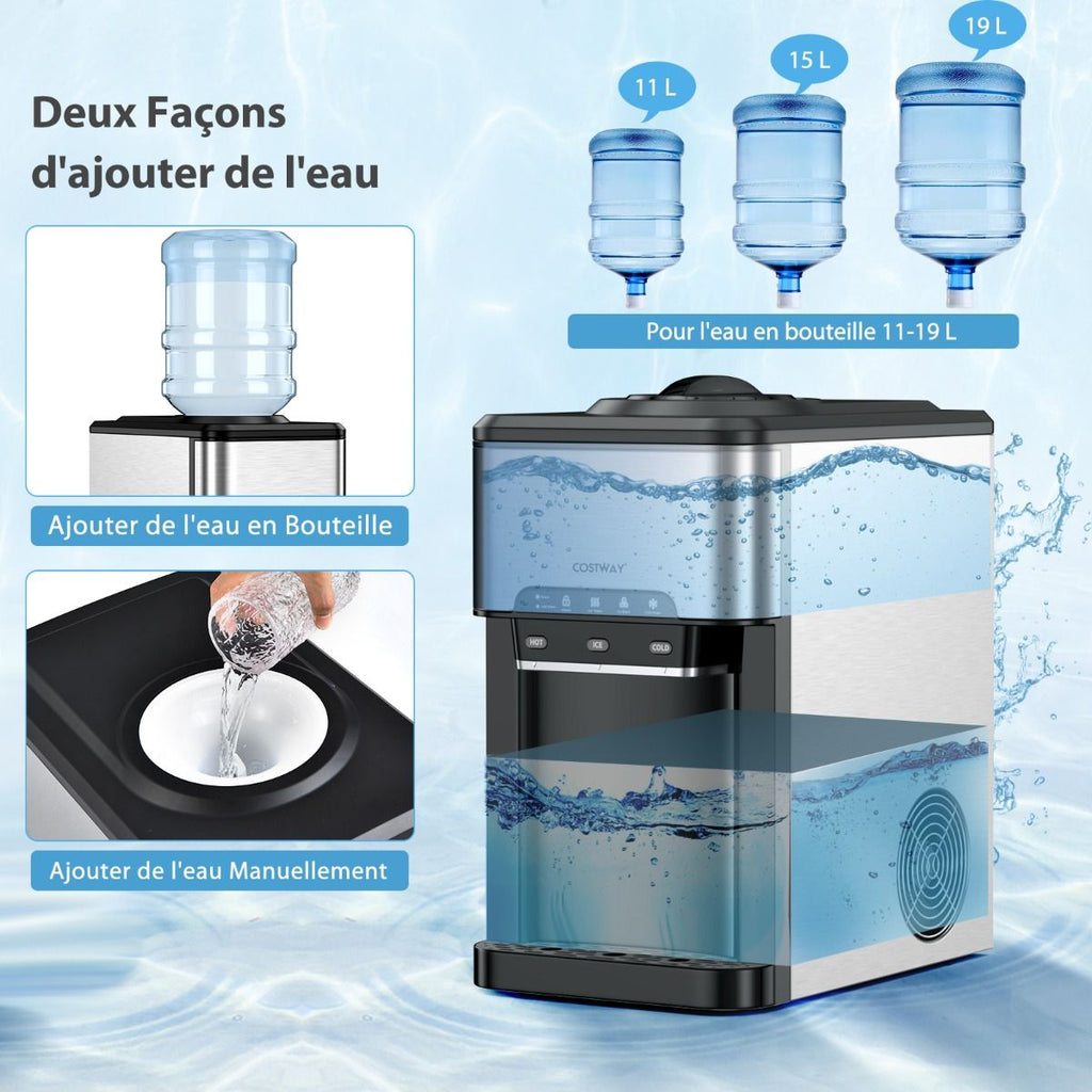 Machine à Glaçons 3 en 1 avec Distributeur d'Eau Froide/Chaude 20 kg en 24h Cube de Glace 6-13 min pour Maison Bureau Bar -