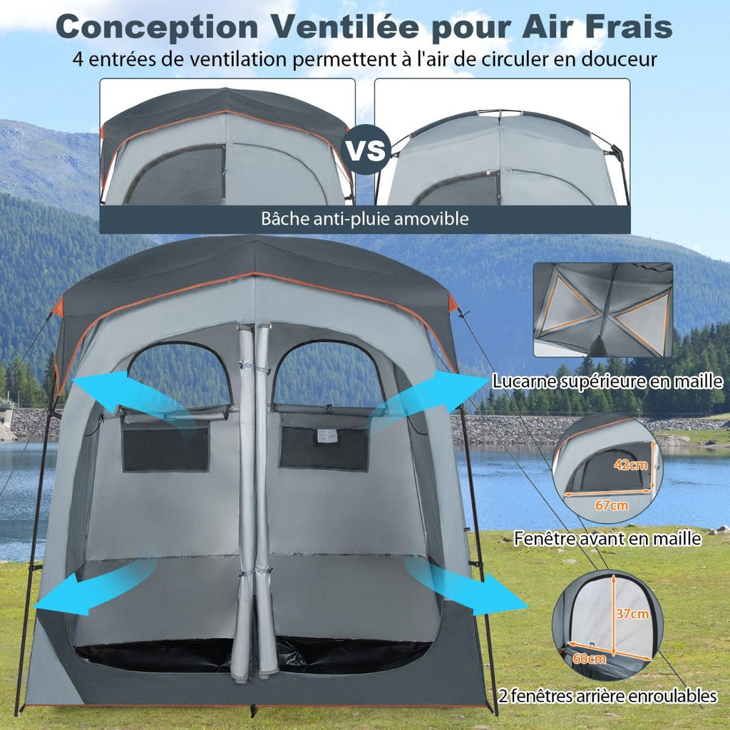 Tente Cabine de Douche Portable 2 Personnes en 2 Parties avec Bâche de Pluie Amovible Corde à Linge Crochet 210x107x210 cm Gris -