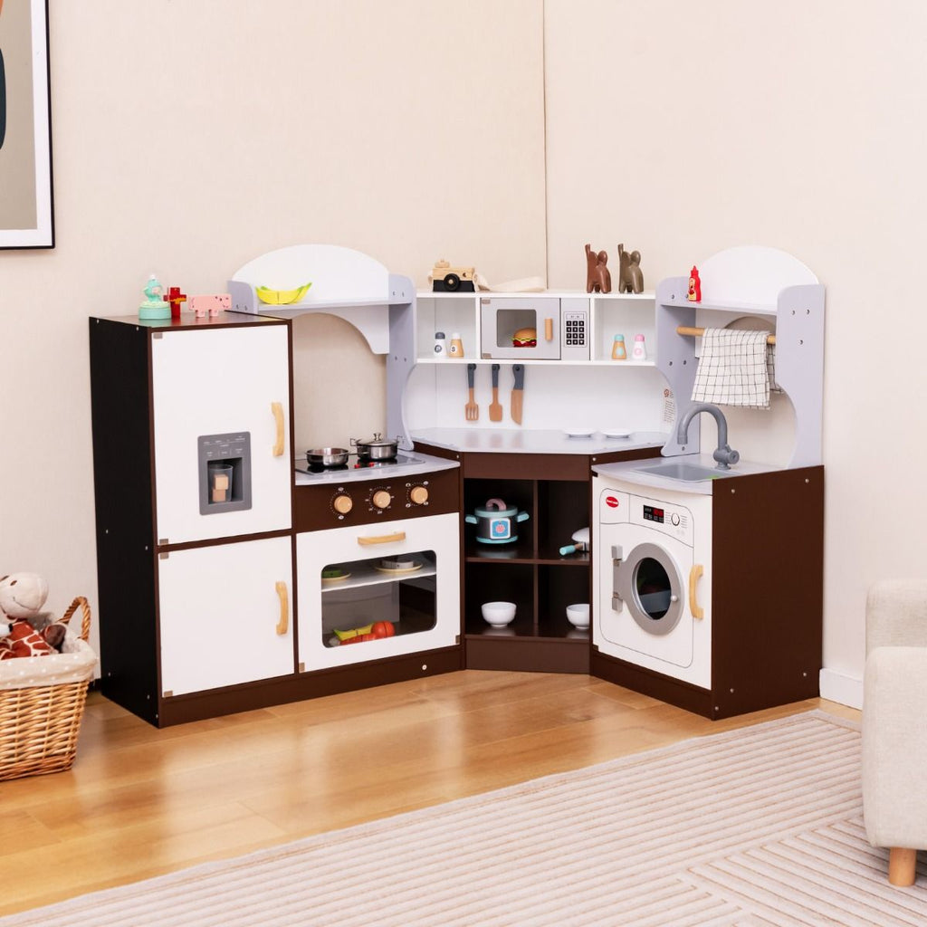 Jeu de Cuisine d'Angle pour Enfants de 3 Ans et Plus en Bois Machine à Glaçons Porte-serviettes Accessoires Effets Sonores et Lumineux -