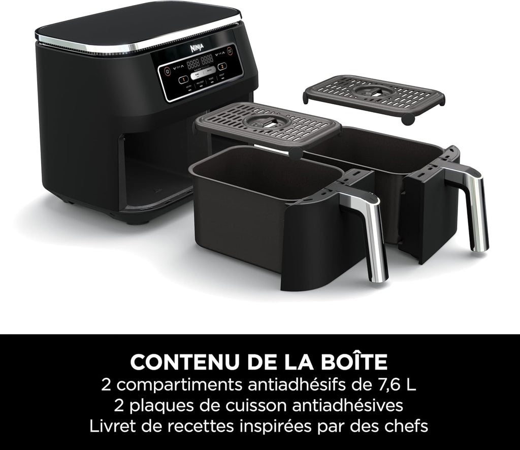 Foodi FlexDrawer Air Fryer,Dual Zone Avec Sparateur Amovible,Grand Tiroir de 10,4 L,7-en-1,Double Zone,Sans Huile,Pices Antiadhsives Compatibles Au Lave-Vaisselle,Noir AF500EU