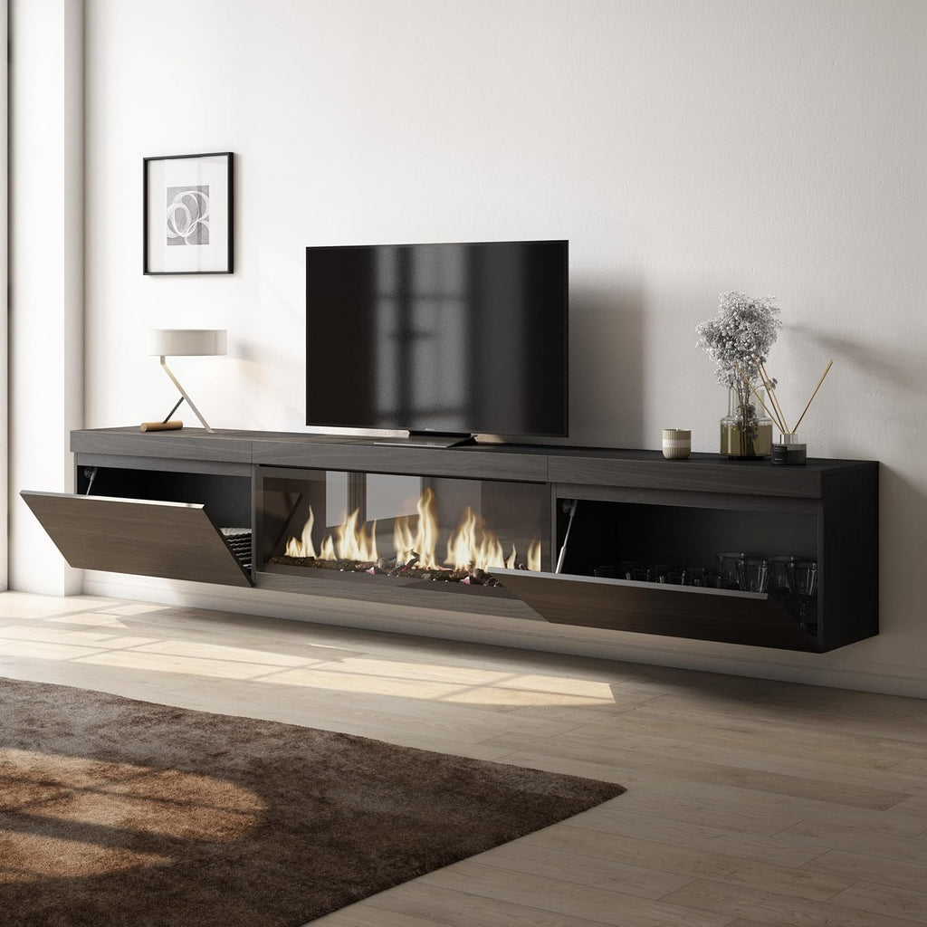 Skraut Home | Meuble TV | Banc Télé | Grand Espace de Rangement | 267x45x35 cm | TV Grand Format | Cheminée électrique XXL | Suspendu, Mural | Style Moderne | Noir