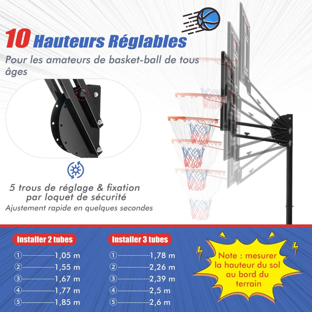 Panier de Basketball sur Pieds avec Hauteur Réglable 1,55-3,1m Support de Basketball avec Panneau Arrière en PE pour Enfants et Jaunes -