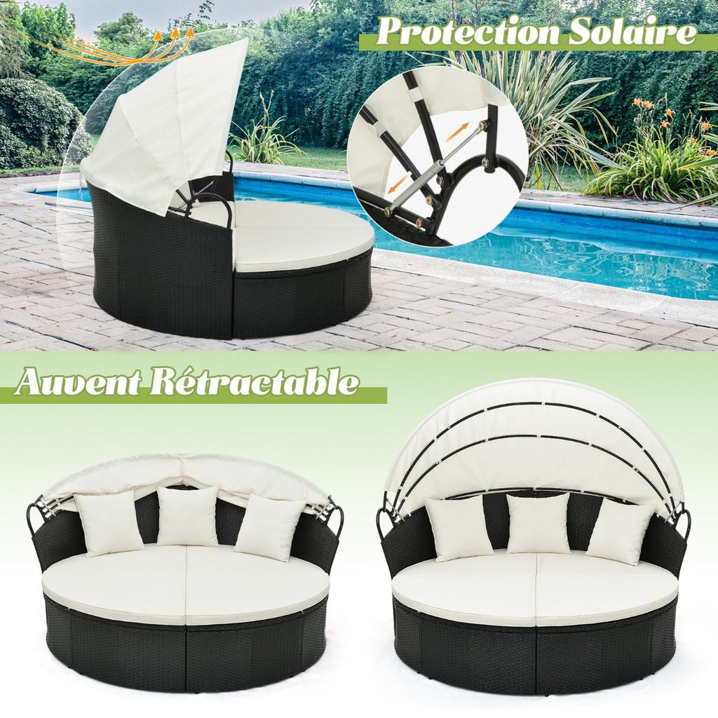Lit Canap de Jardin Rond en Rotin PE Auvent Rtractable Coussins et Oreillers Amovibles Salon de Jardin Modulable Blanc -