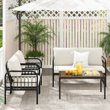 Load image into Gallery viewer, Meubles de Patio 4 Pièces en Rotin Charge 180-360KG avec Chaises Causeuse Coussins et Table Basse en Verre Trempé pour Balcon Blanc -