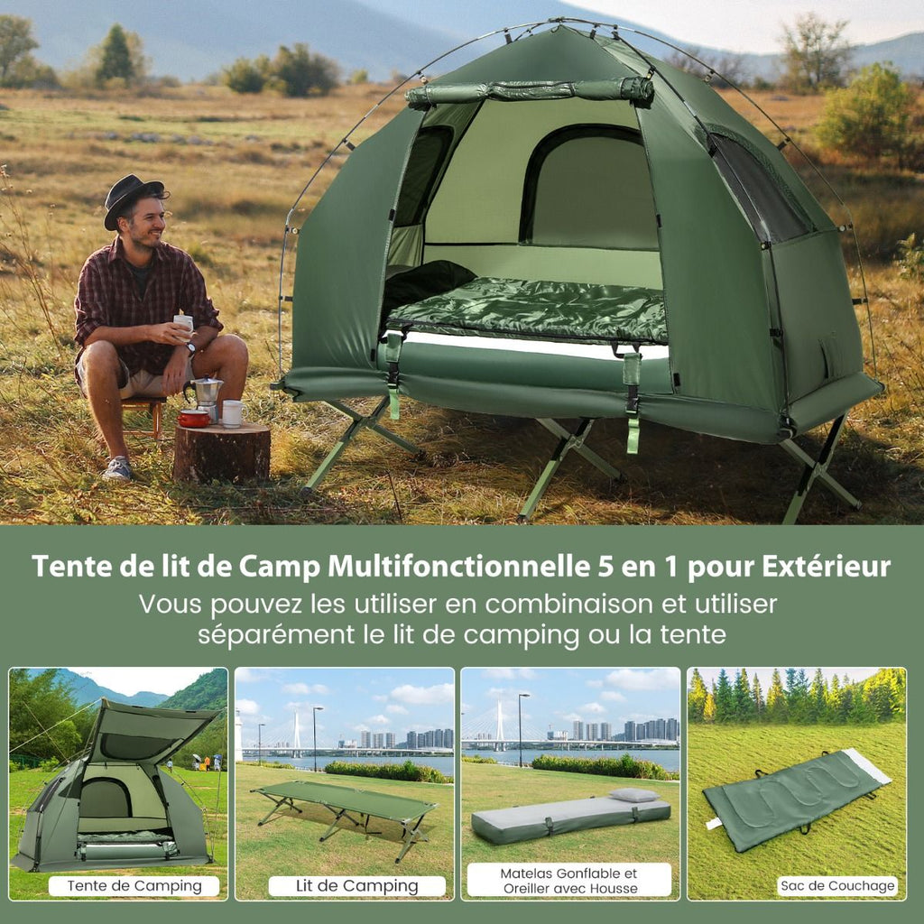 Tente de Camping avec Lit pour 1 Personne Lit de Camping Pliant 5 en 1 avec Matelas Pneumatique Oreiller Sac de Couchage Tente Surleve tanche -
